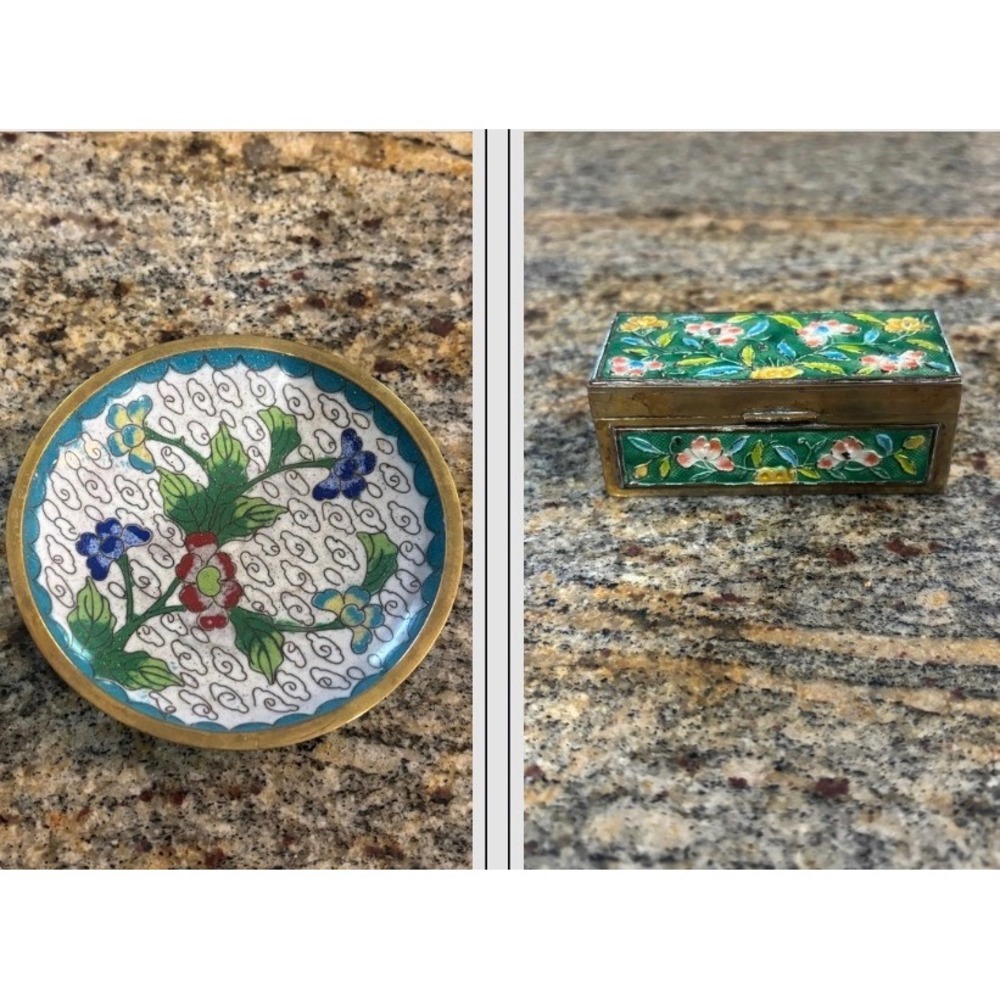Vtg Chinese Cloisonne Enamel Floral Trinket Stamp Box + Dish Plate Green Brass